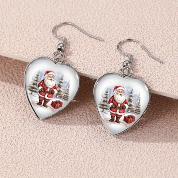 Santa Heart Dangle Stainless Steel Glass Accents Earrings. NWOT - Picture 1 of 3